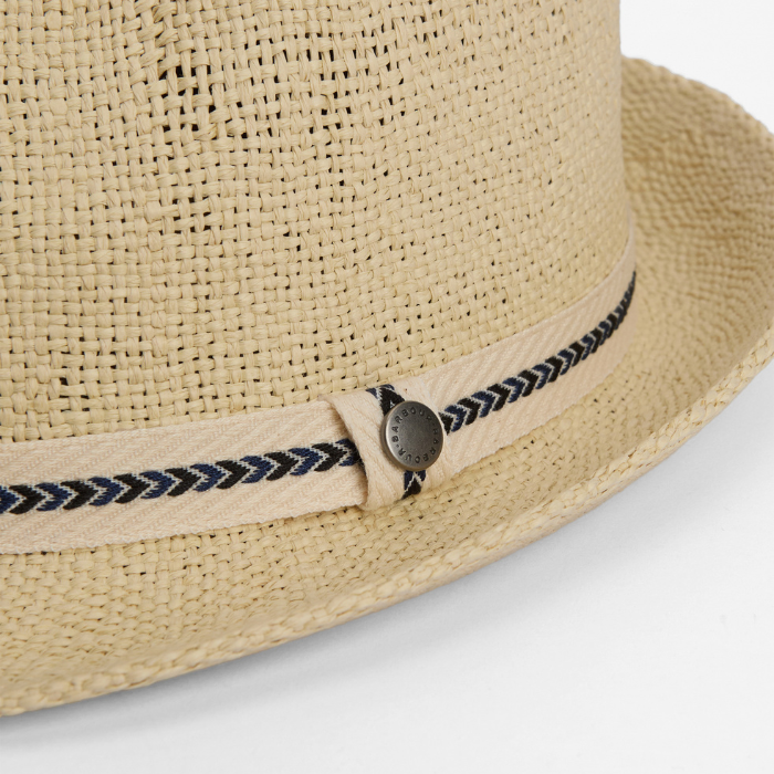 Close up of branding and herringbone detail on Barbour Mens Bransdale Trilby Hat