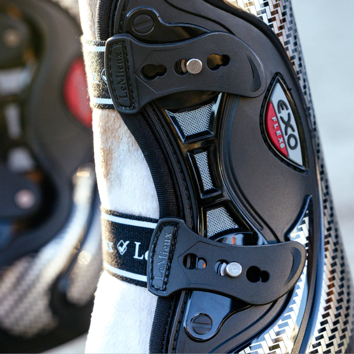 Close up of LeMieux EXO Flex Tendon Boots in Black/Silver