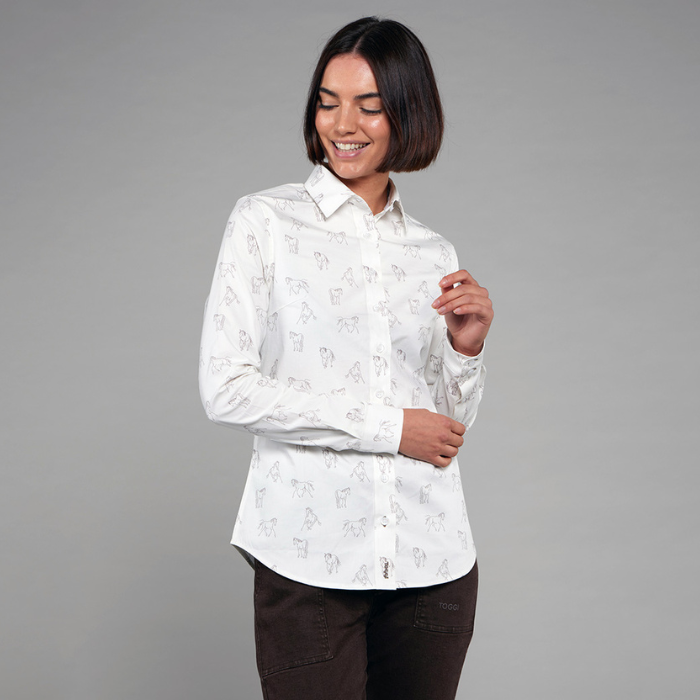 Studio image of woman wearing the Toggi Ladies Eaton Shirt in White/Horse Print