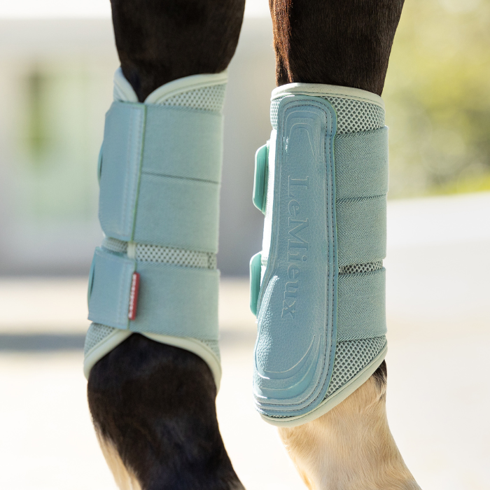 Horse's legs wearing the protective LeMieux Arika Mesh Brushing Boots in Aqua