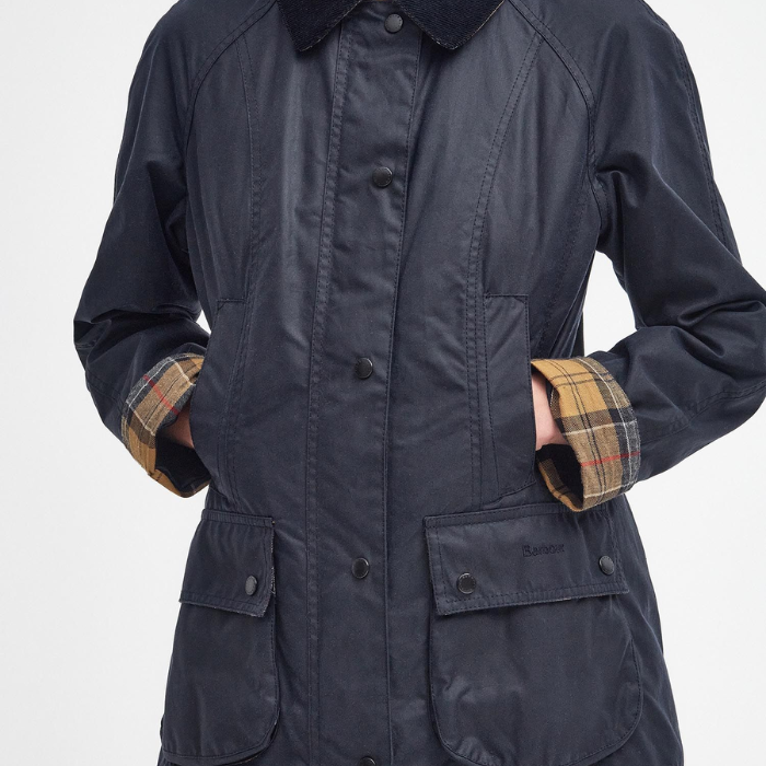 Pocket and sleeve detail on the Barbour Ladies Beadnell Wax Jacket Navy