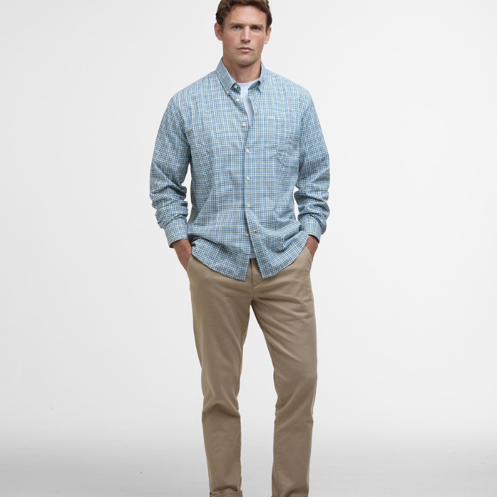 Barbour Mens Durand Regular Fit Shirt in Brook Blue styled with camel chinos