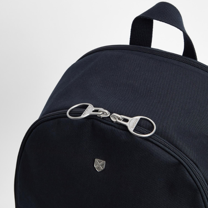 Zipper detail on the Barbour Cascade Backpack in Navy