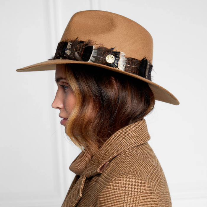 Holland Cooper Trilby Iridescent Feather Band Hat in Camel | Eland Lodge