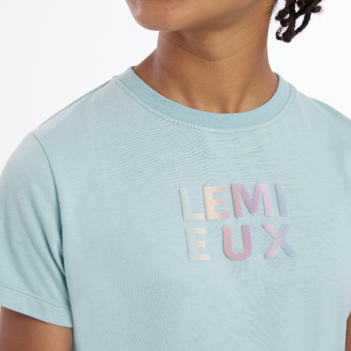 Close up logo detail on theLeMieux Young Riders Arianna T-Shirt in aqua