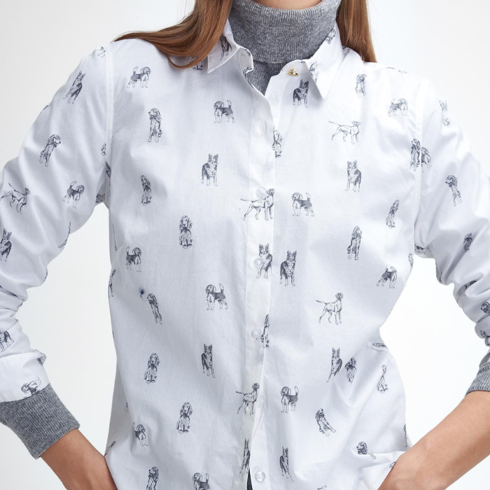 Close up of the dog print on the Barbour Ladies Brambles Shirt