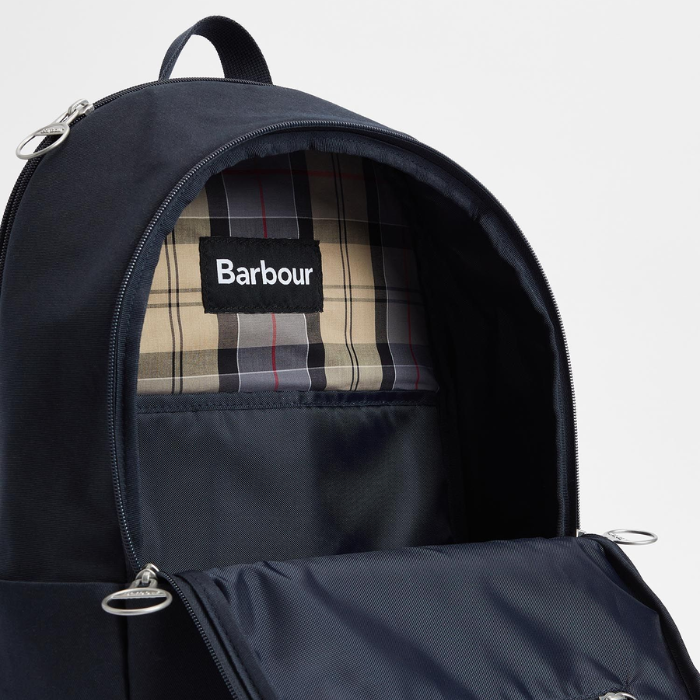 Inside tartan print of the Barbour Cascade Backpack in Navy