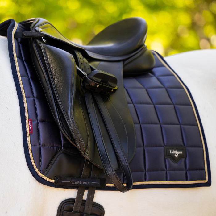 LeMieux Loire Classic Dressage Square in dusk blue under a black dressage saddle