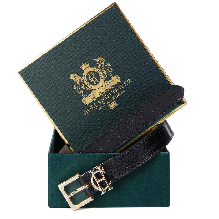 Holland Cooper Slim Logo Belt in Black Croc | Eland Lodge