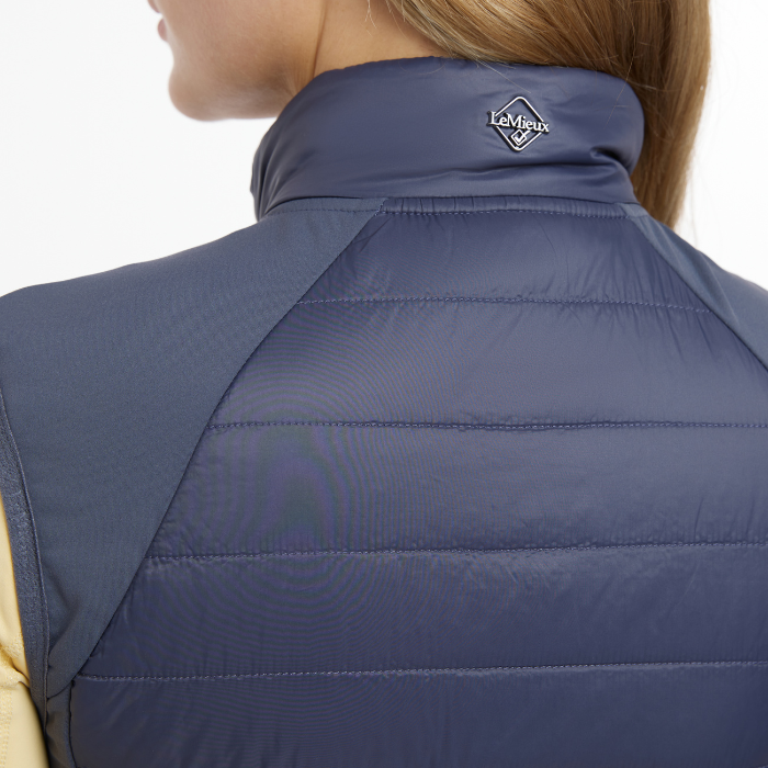 Reverse logo detail on the LeMieux Ladies Juliette Gilet in Dusk Blue