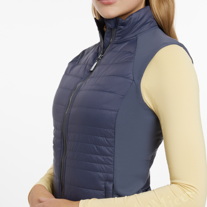 Close up of the front of the LeMieux Ladies Juliette Gilet in Dusk Blue