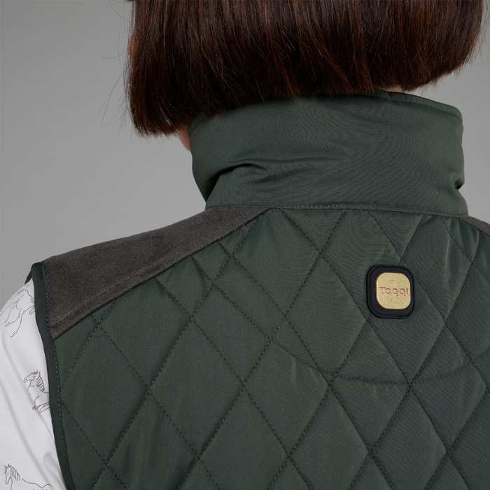 Reverse logo detail on the Toggi Ladies Storford Quilted Gilet in Dark Khaki