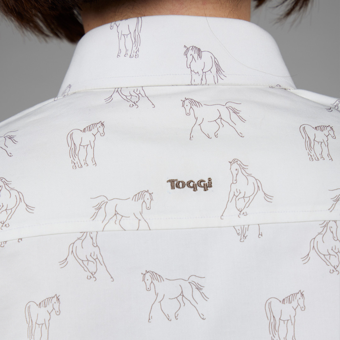 Close up logo and back of collar detail on the Toggi Ladies Eaton Shirt in White/Horse Print