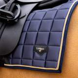 Close up logo detail on the LeMieux Loire Classic Dressage Square in dusk blue