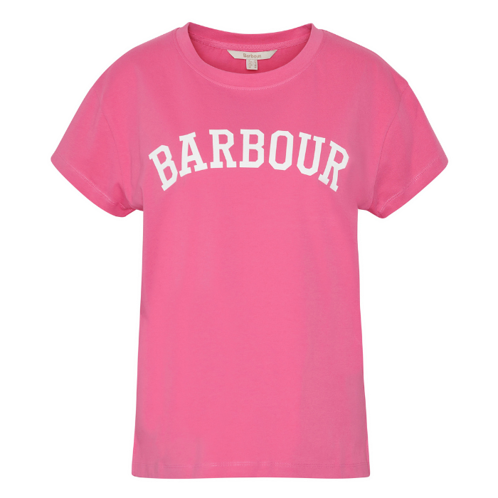 Barbour Ladies Northumberland Classic T-shirt in vibrant Rose Pink with bold white Barbour logo across the chest