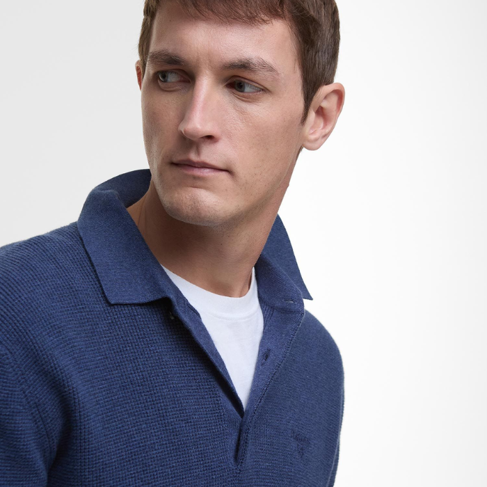 Collar detail on the Barbour Mens Holt Waffle Knitted Polo Shirt in Oceana