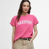 Female styles the Barbour Ladies Northumberland Classic T-shirt in vibrant Rose Pink with a beige skirt and plaited belt