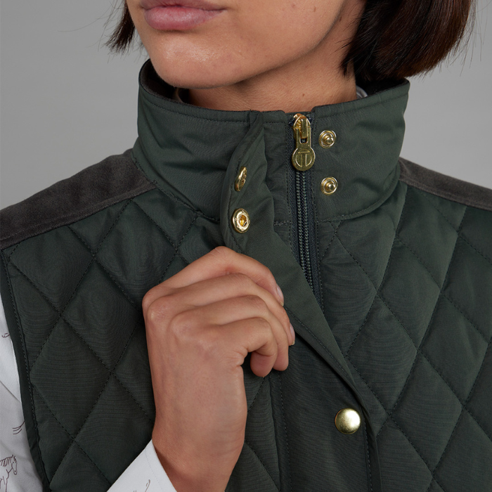 Close up of collar detail on the Toggi Ladies Storford Quilted Gilet in Dark Khaki