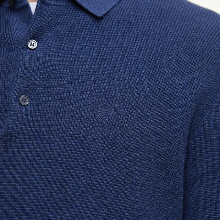 Button and logo detail on the Barbour Mens Holt Waffle Knitted Polo Shirt in Oceana