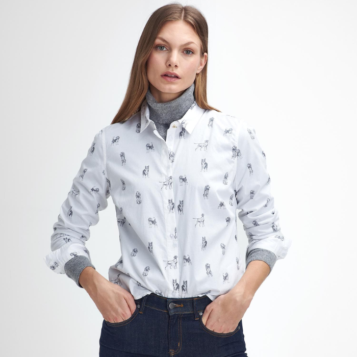 Woman wears the Barbour Ladies Brambles Shirt with Dog Print