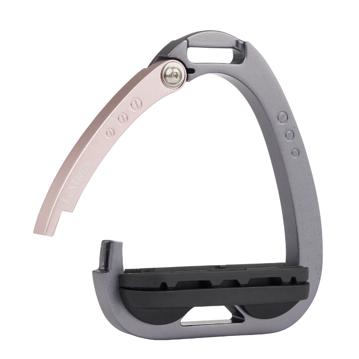 LeMieux Junior Vector Balance Stirrups in rose gold safety arm mechanism