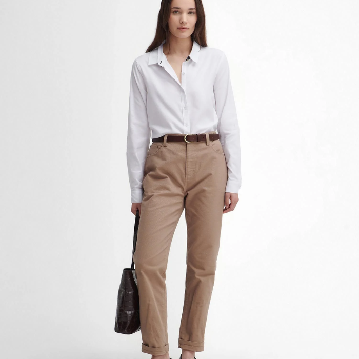 Woman styles the Barbour Ladies Glades Shirt with a smart tailored trouser and brown belt