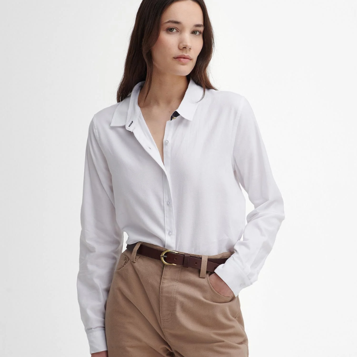 Crisp white Barbour Ladies Glades Shirt styled with smart belted trousers