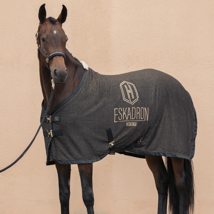 Horse wearing the Eskadron Heritage Jersey Sparkle Sweat Rug in Black