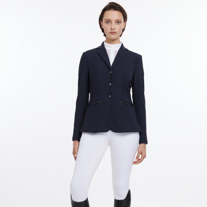 Female equestrian wears LeMieux Jessica Mesh Show Jacket in navy